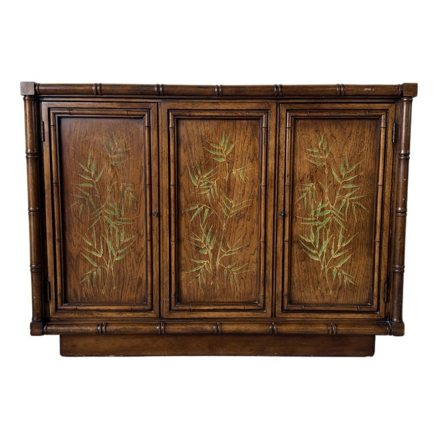 Brandt Embassy Collection Faux Bamboo Console Cabinet With Hand-Painted Bamboo Motifs For Sale