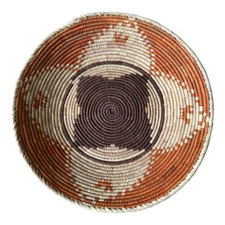 African Coiled Straw Basket, 13.5 In. Diameter, Rust, Natural and Brown For Sale