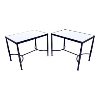 Mid Century Modern Wrought Iron & Milk Glass Small Side Tables—a Pair For Sale