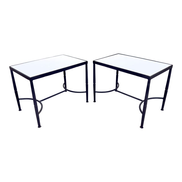 Mid Century Modern Wrought Iron & Milk Glass Small Side Tables—a Pair For Sale