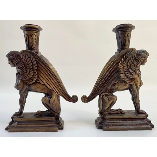 French Bronze Victorian Art Deco Style Sphinx Candleholders - a Pair For Sale - Image 4 of 7