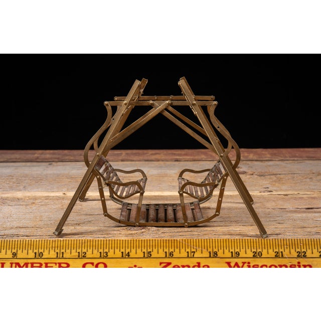 Antique Brass and Wood Folding Four-Passenger Lawn Glider Swing Salesman Sample For Sale - Image 13 of 13