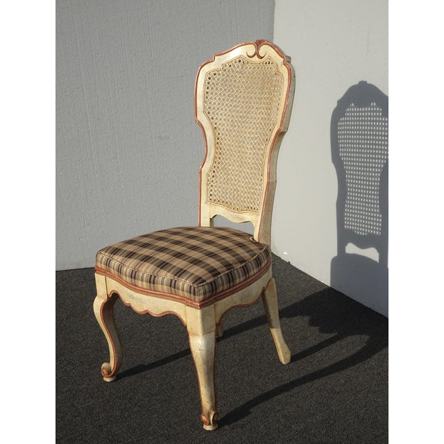 Set of Six Vintage French Country Cane Back Dining Chairs W Brown Plaid Fabric Chairish