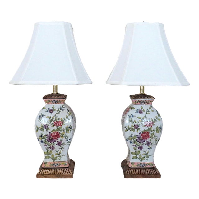 Pair of Chinoiserie Table Lamps With Flowers Floral Asian For Sale