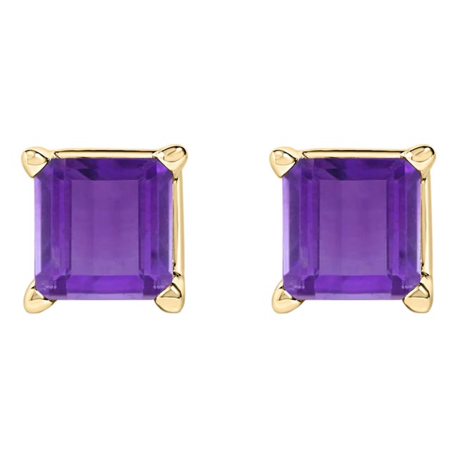 14K Yellow Gold 5x5MM Princess Cut Purple Amethyst Solitaire Stud Earrings For Sale