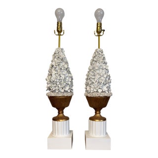 Vintage Manises Casa Pupo Style Porcelain Floral Lamps With Ceramic Flowers Pair For Sale