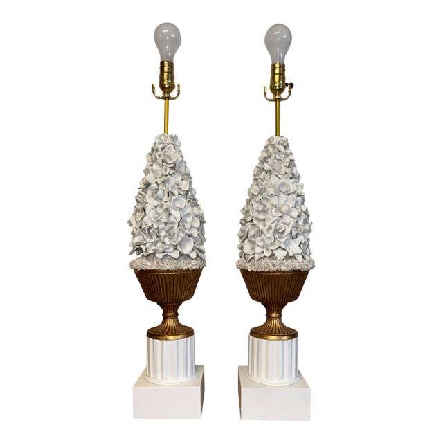 Vintage Manises Casa Pupo Style Porcelain Floral Lamps With Ceramic Flowers Pair For Sale