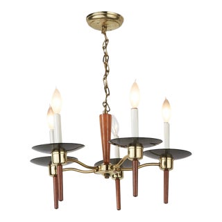 1960s Mid-Century Teak 5 Light Chandelier For Sale