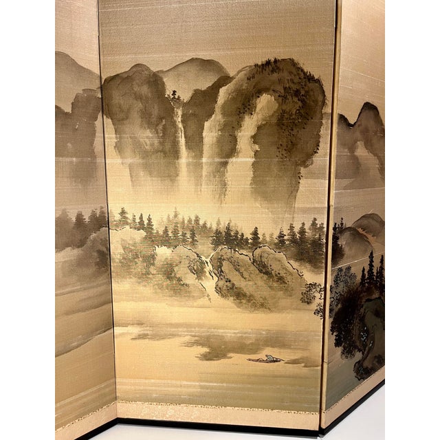 Japanese Vintage Japanese 4-Panel Byobu Folding Screen Hand Painted on Silk Landscape Motif 66" X 36" For Sale - Image 3 of 11