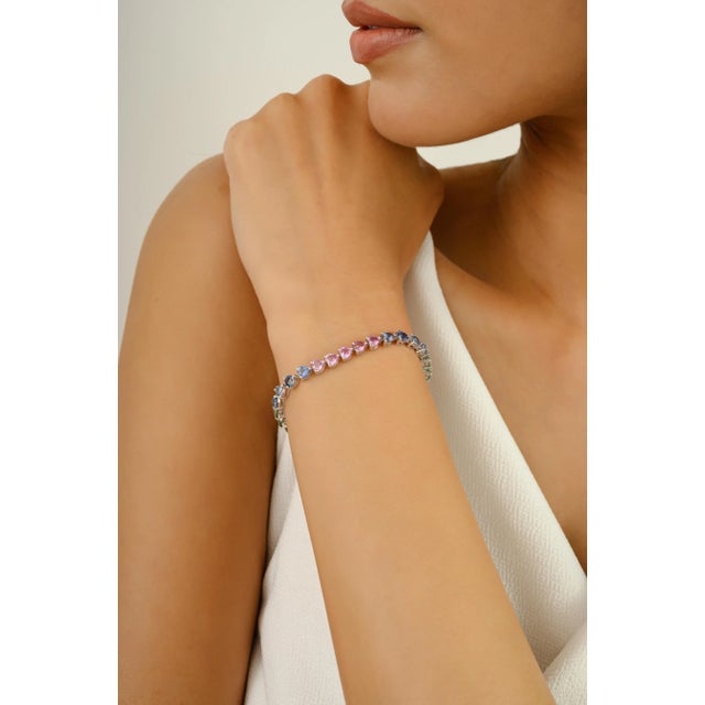 Metal Colorful Multi Sapphire Vintage Heart Bracelet in 14k Solid Gold For Sale - Image 7 of 11