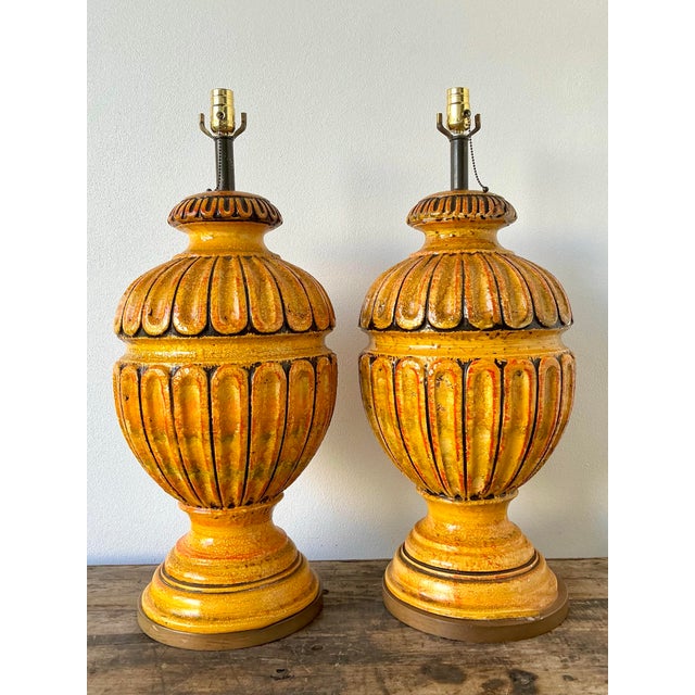 Mustard Vintage MCM Monumental Glazed Ceramic Lamps - A Pair For Sale - Image 8 of 12