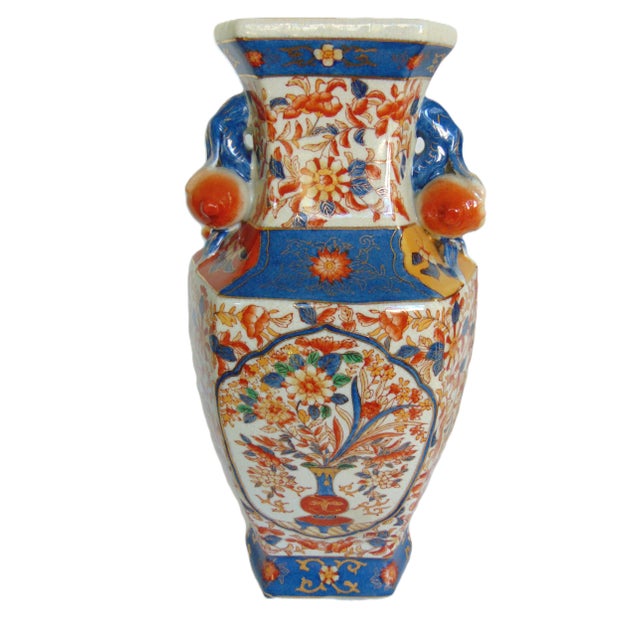 Ceramic Pair of Hexagonal Porcelain Vases With Imari Design and Pomegranate Handles 15" For Sale - Image 7 of 8