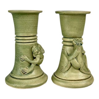 Vintage Balinese Soapstone Celadon Green Carved Monkey Candlestick Holders - a Pair For Sale