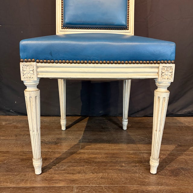 French Louis XVI White Painted Blue Leather Dining Chairs -Set of 8 For Sale - Image 9 of 12