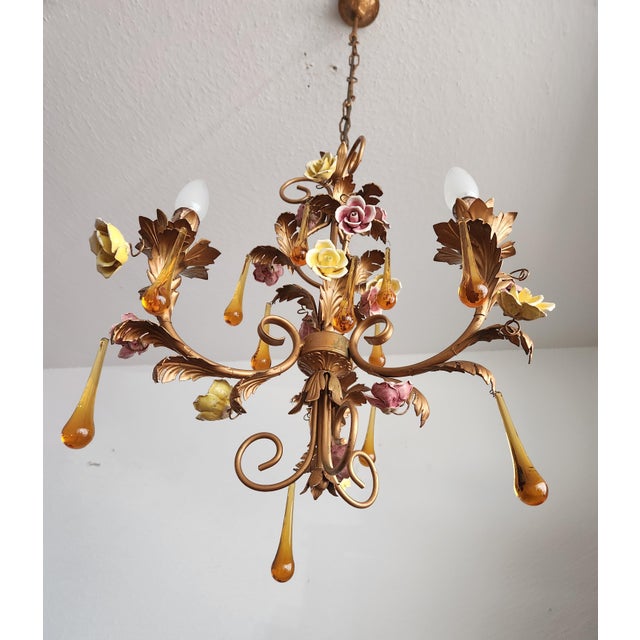 Vintage Venetian Three-Light Chandelier with Murano Glass Drops, 1960s For Sale - Image 6 of 18