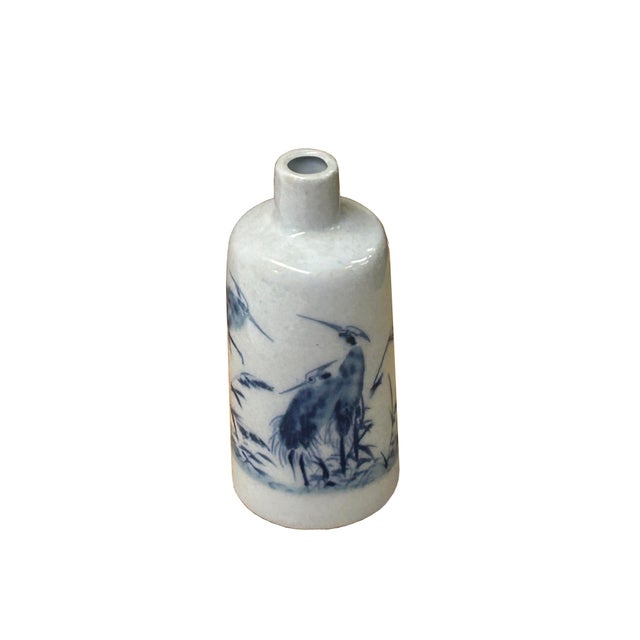 Asian Small Blue White Handpaint Birds Scenery Graphic Porcelain Vase For Sale - Image 3 of 8