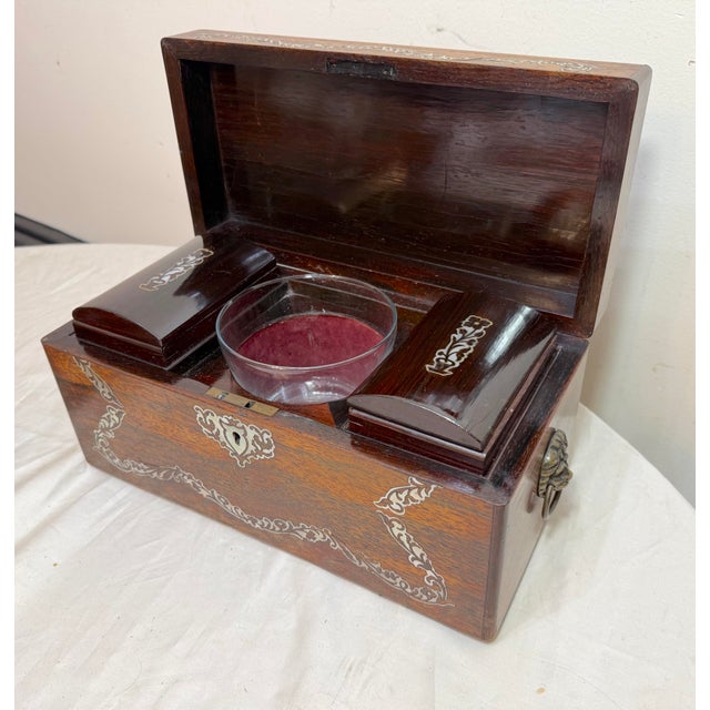 Brown Antique 1800's English Inlaid Mother of Pearl Rosewood Wood Dual Tea Caddy Box For Sale - Image 8 of 18