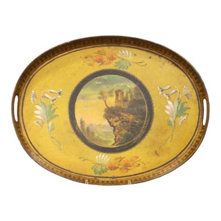 19th Century French Hand-Painted Oval Tole Tray With Romantic Ruins Scene For Sale