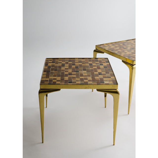 Mid-Century Modern Vintage Mosaic Glass Top Side Tables With Brass Legs — Pair For Sale - Image 3 of 5