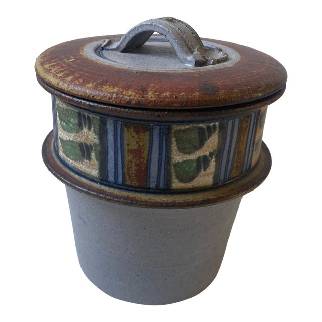 Rustic Striped Stoneware Canister Hand Crafted by Susan Maslowski For Sale