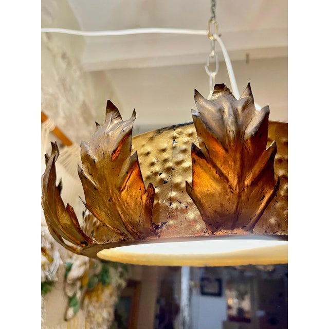 Metal Large Spanish Crown Sunburst Fixture in Gilt Metal and Frost Glass, 1950 For Sale - Image 7 of 8