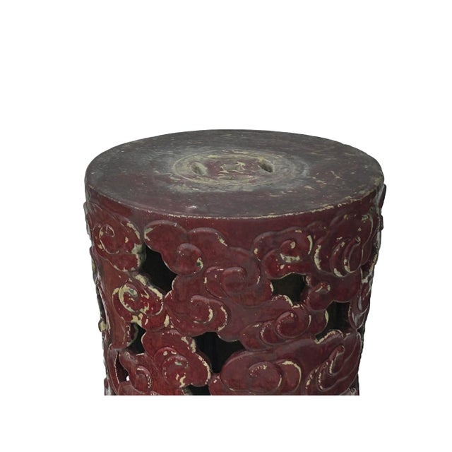 1970s Ceramic Brick Red Cloud Scroll Round Tall Pedestal Table Display Stand For Sale - Image 5 of 8