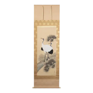 1930s Showa Era Japanese Watercolor Scroll Painting, "Cranes on the Pine Tree"