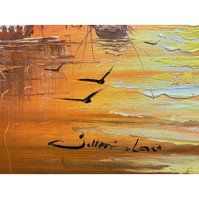 Late 20th Century Stunning Oil Painting on Canvas, Seascape, Sailing Ships at Sunset, Framed For Sale - Image 10 of 12