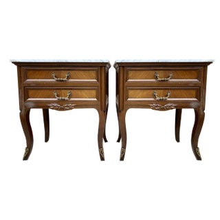 Mid-Century Walnut Nightstands with Drawers and Marble Tops, 1950s, Set of 2 For Sale