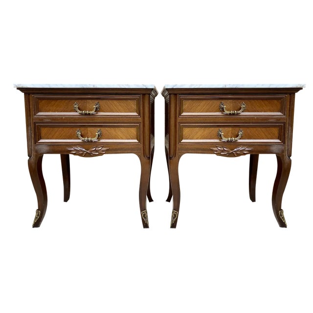 Mid-Century Walnut Nightstands with Drawers and Marble Tops, 1950s, Set of 2 For Sale