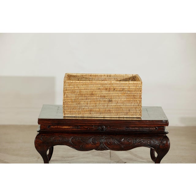 Vintage Handwoven Rattan Rectangular Storage Basket in Natural Honey Tone For Sale - Image 13 of 18