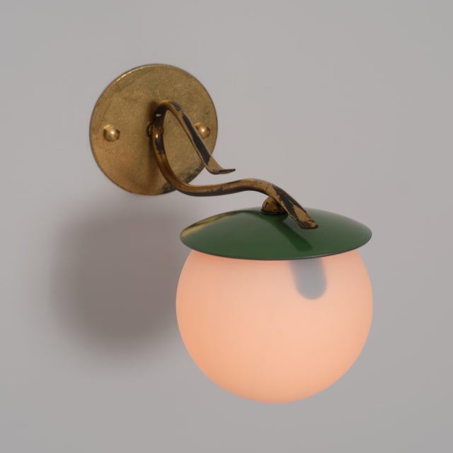 Mid-Century Modern Vintage Italian Green Enameled Metal and Opaline Glass Wall Sconces, 1950s, Set of 2 For Sale - Image 3 of 15