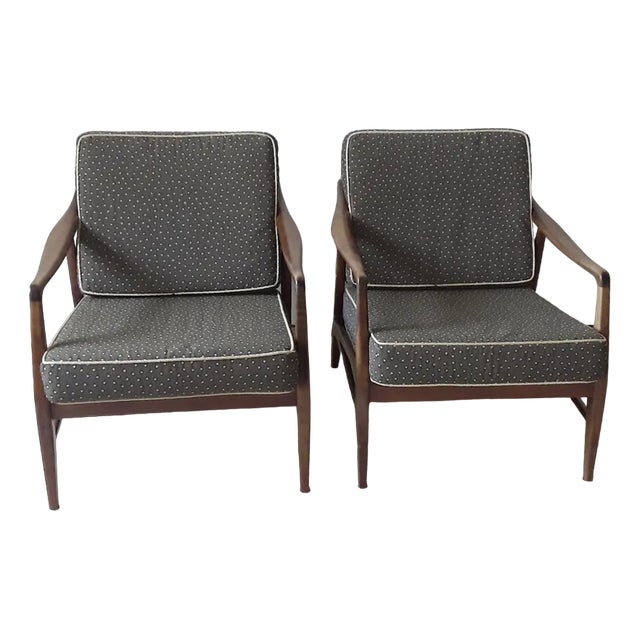 Set of Vintage Armchairs with Brown Beech Wood Frame and Brown Seating and Back Cushions For Sale