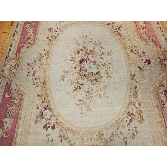 Antique French Aubusson Rug, Handwoven Wool, Floral Pattern, Ivory & Pale Green, 12' X 18' For Sale - Image 11 of 17