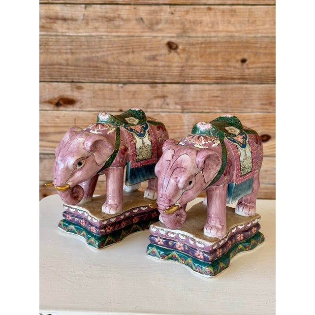 Pair of Chinese Export Famille Rose Style Elephant Bookends or Decorative Objects For Sale - Image 9 of 11