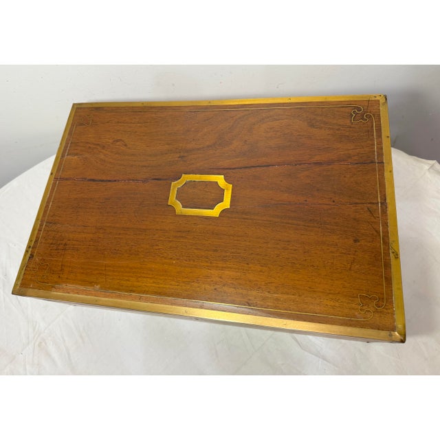 Brass Large High Quality Antique 19th Century Wood Inlaid Brass Writing Lap Desk Box For Sale - Image 8 of 18