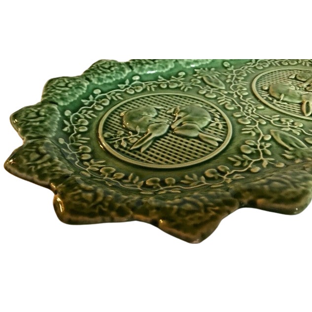 Mid-Century Modern Vintage Bordallo Pinheiro ~ Green Majolica Bunny Rabbit Platter For Sale - Image 3 of 5