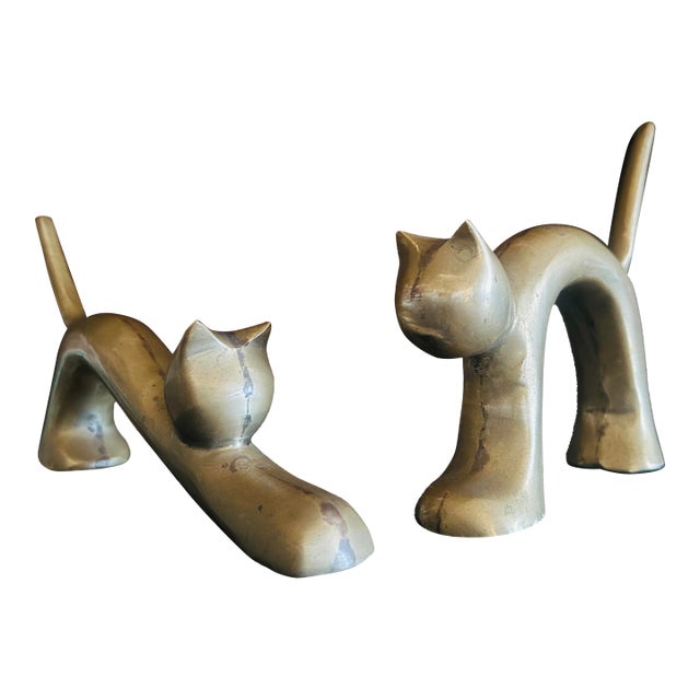 Vintage Mid-Century Brass Stretching Cats Pair For Sale