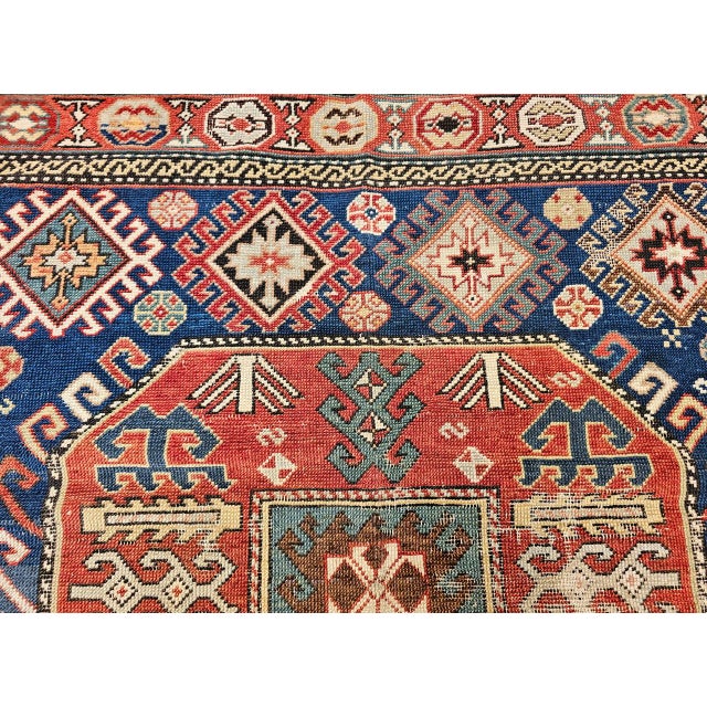 Antique Caucasian Kazak Rug, Medallion Pattern, Hand-Knotted Wool, Blue & Red, 4' x 8' For Sale - Image 14 of 16
