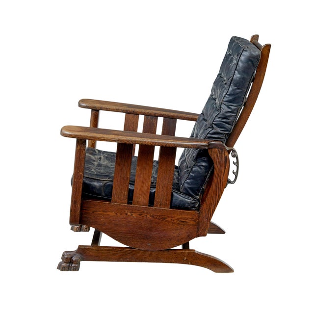 Antique Oak and Leather Rocking Chair, 1910 For Sale - Image 4 of 11