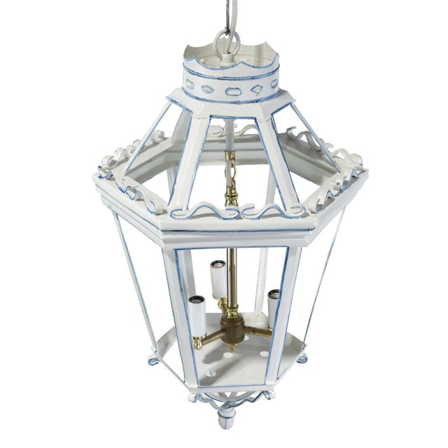 A Vintage-Style Venetian Chandelier in White and Blue Tones, Featuring Three Lamps. For Sale - Image 4 of 12