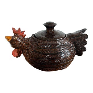 Late 20th Century Folk Art Pottery Chicken Canister With Lid For Sale