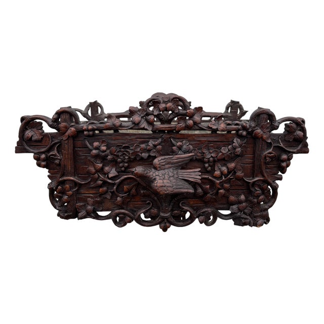 Black Forest Hand-Carved Wooden Planter with Bird Motif, 1800s For Sale