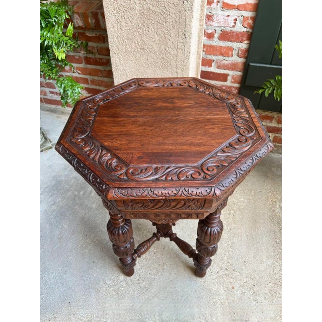 Wood Petite Antique French Octagon Center Side Table Renaissance Carved Oak For Sale - Image 7 of 12
