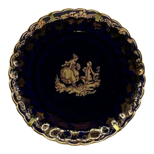Late 20th Century FM Limoges Assiette Cobalt Blue & Gold Porcelain Plate With Stand