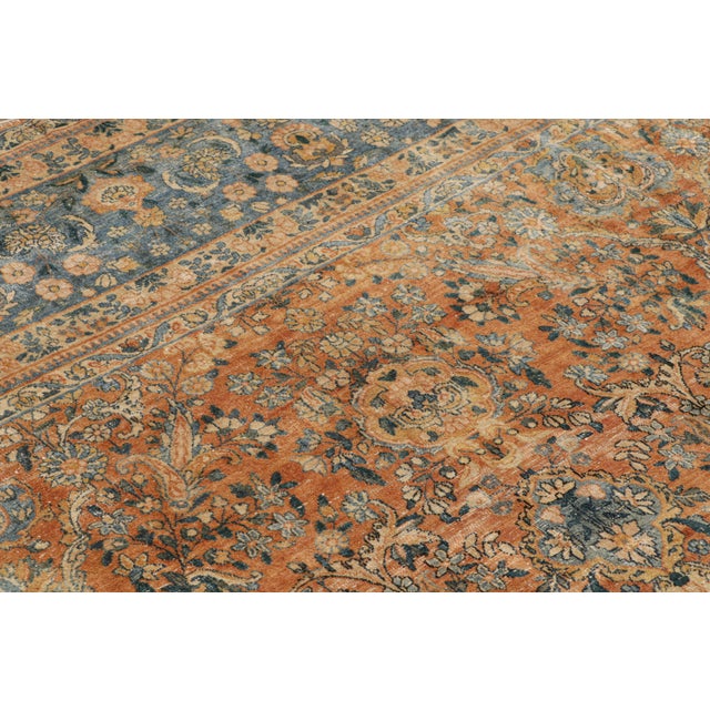Antique Kerman Lavar Orange-Brown and Blue Wool Persian Floral Rug For Sale In New York - Image 6 of 8