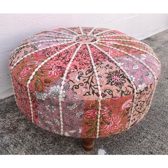 Early 21st Century Large Round Puffy Pink Floral Patchwork Ottoman Footstool For Sale - Image 5 of 8