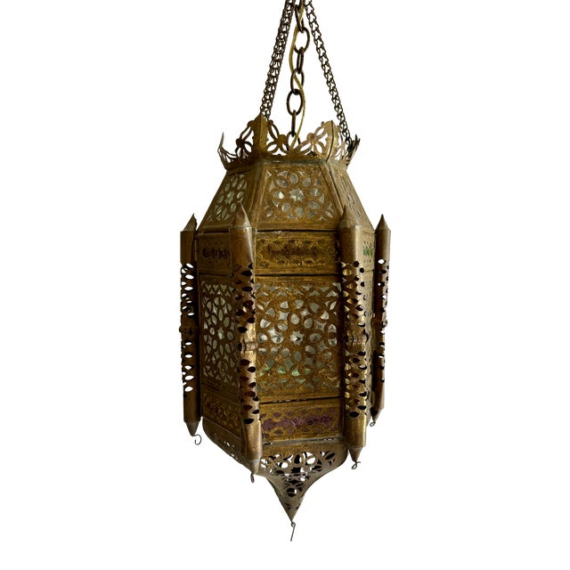 Mid 20th Century Moroccan Pierced Brass Hanging Lantern For Sale