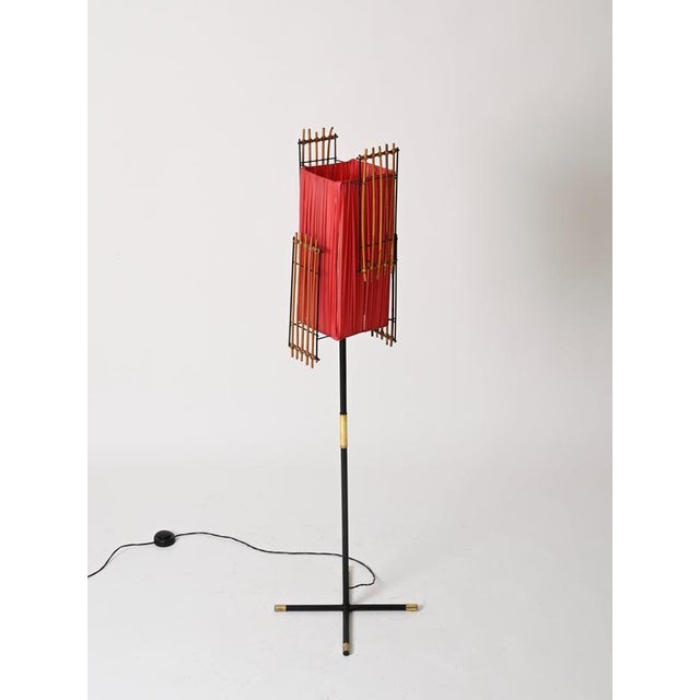 Italian Floor Lamp in Metal, Rattan, Brass and Red Acrylic attributed to Dal Vera, 1950s For Sale - Image 11 of 17