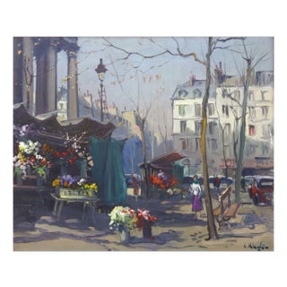 Constantine Kluge, Flower Market in Front of the Madeleine in Paris, Oil on Canvas, 1950s For Sale